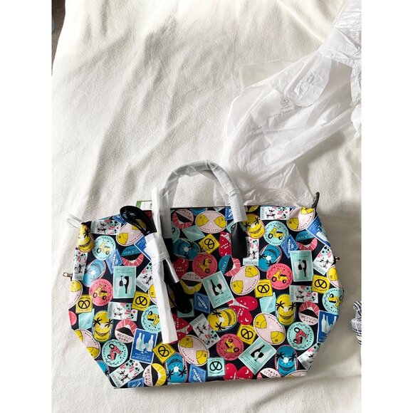 RARE NWT KATE SPADE WEEKENDER RICH NAVY MULTI colorful TRAVEL bag STAMPS - Picture 1 of 7